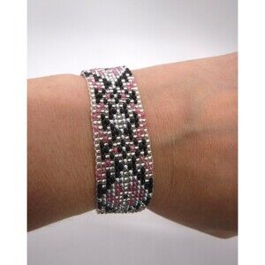 Loom Beaded Bracelet Black, Pink & Silver